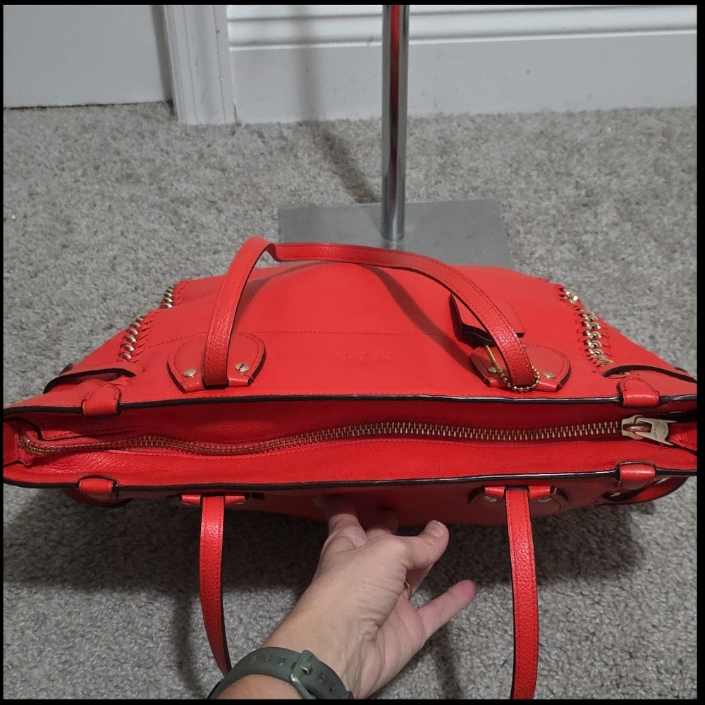 Coach Coral-Red Leather Tote with Whipstitch Accents - Picture 9 of 16
